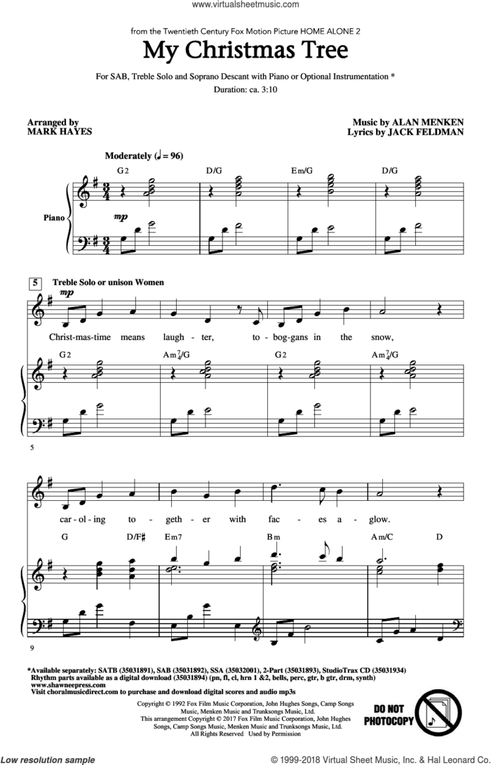 My Christmas Tree sheet music for choir (SAB: soprano, alto, bass) by Alan Menken, Mark Hayes and Jack Feldman, intermediate skill level