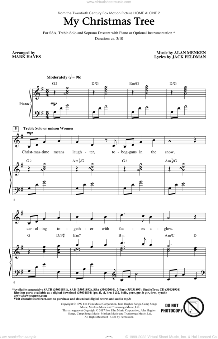 My Christmas Tree sheet music for choir (SSA: soprano, alto) by Alan Menken, Mark Hayes and Jack Feldman, intermediate skill level