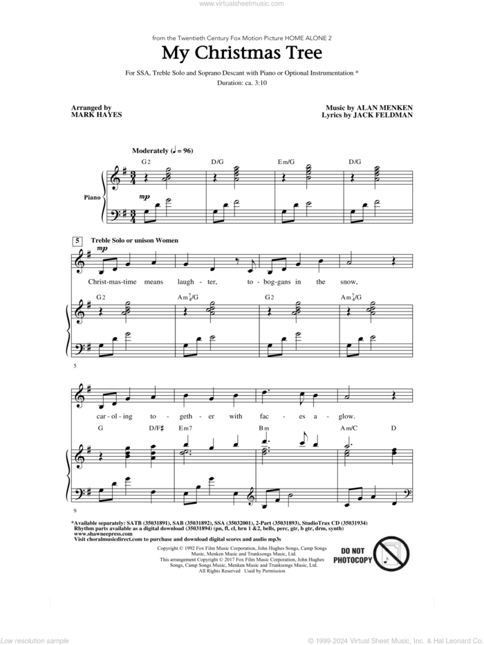 My Christmas Tree sheet music for choir (SSA: soprano, alto) by Alan Menken, Mark Hayes and Jack Feldman, intermediate skill level