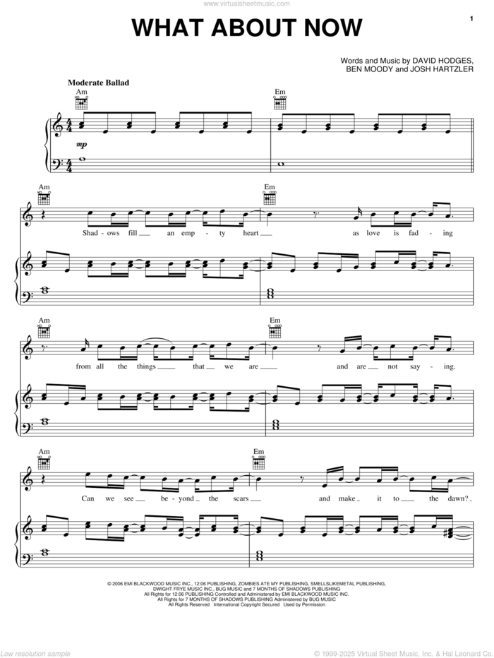 What About Now sheet music for voice, piano or guitar by Daughtry, Ben Moody, David Hodges and Josh Hartzler, intermediate skill level