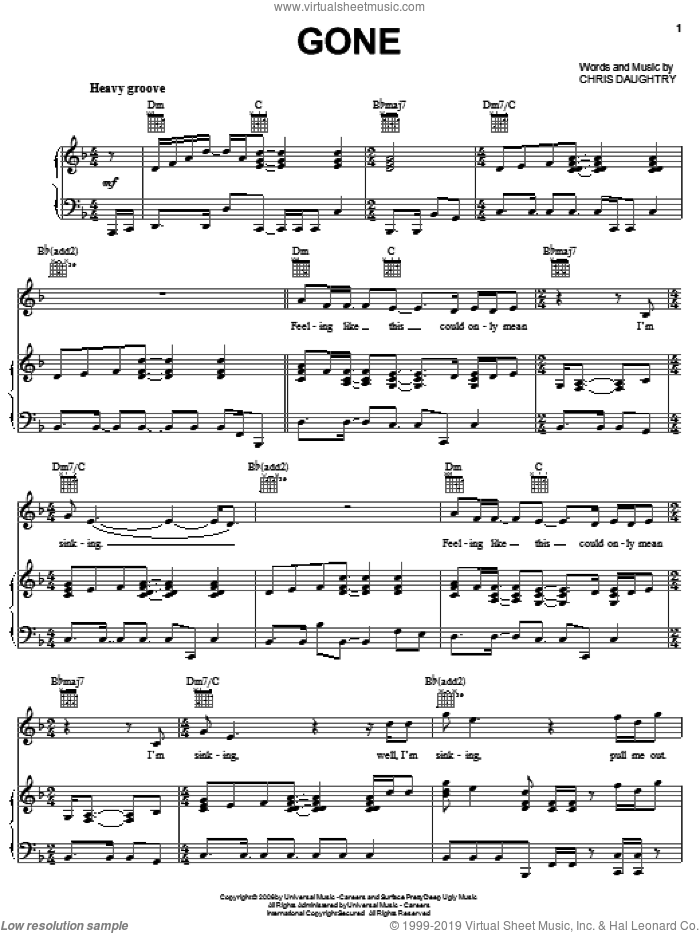 Gone sheet music for voice, piano or guitar by Daughtry and Chris Daughtry, intermediate skill level