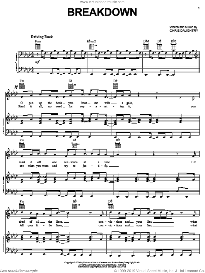 Breakdown sheet music for voice, piano or guitar by Daughtry and Chris Daughtry, intermediate skill level