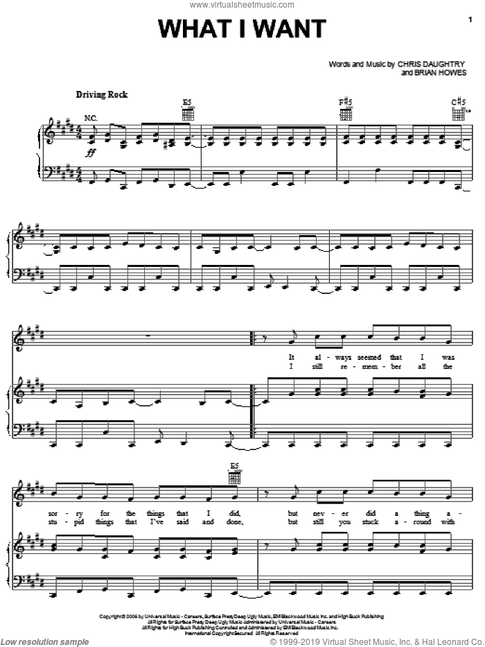 What I Want sheet music for voice, piano or guitar by Daughtry featuring Slash, Daughtry, Brian Howes and Chris Daughtry, intermediate skill level
