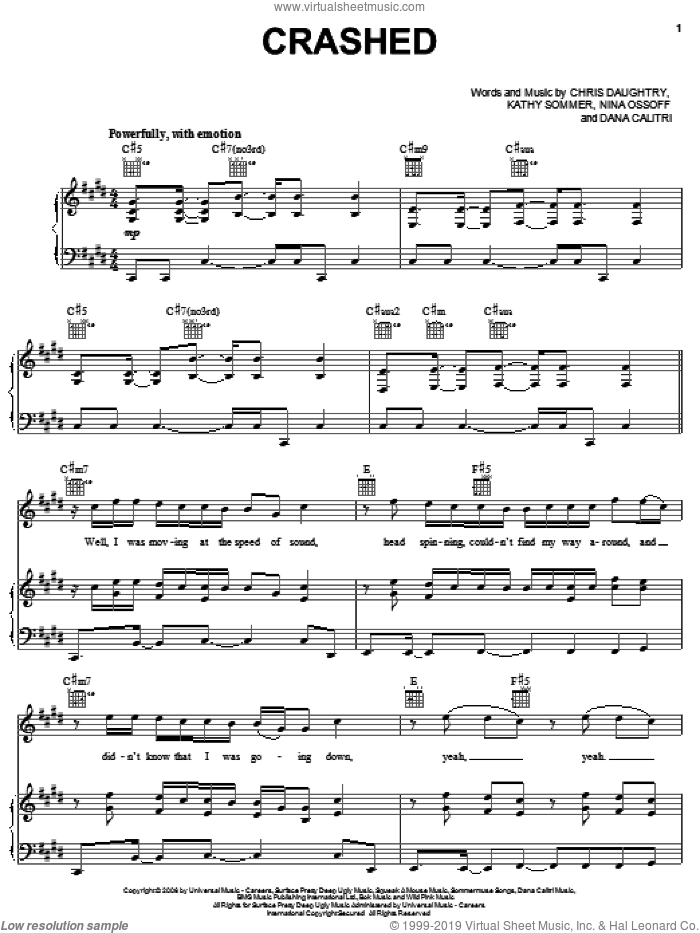 Crashed sheet music for voice, piano or guitar by Daughtry, Chris Daughtry, Dana Calitri, Kathy Sommer and Nina Ossoff, intermediate skill level