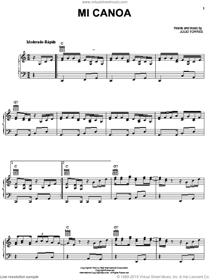 Mi Canoa sheet music for voice, piano or guitar by Julio Torres, intermediate skill level