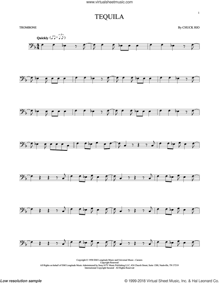 Tequila sheet music for trombone solo by The Champs and Chuck Rio, intermediate skill level