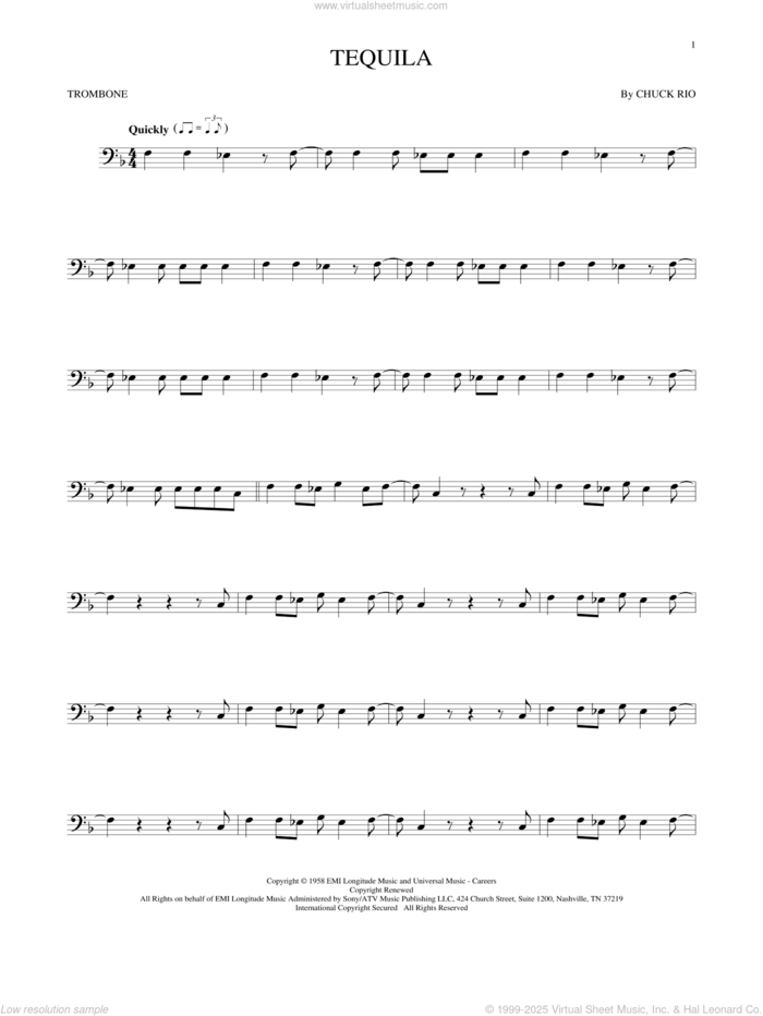 Tequila sheet music for trombone solo by The Champs and Chuck Rio, intermediate skill level