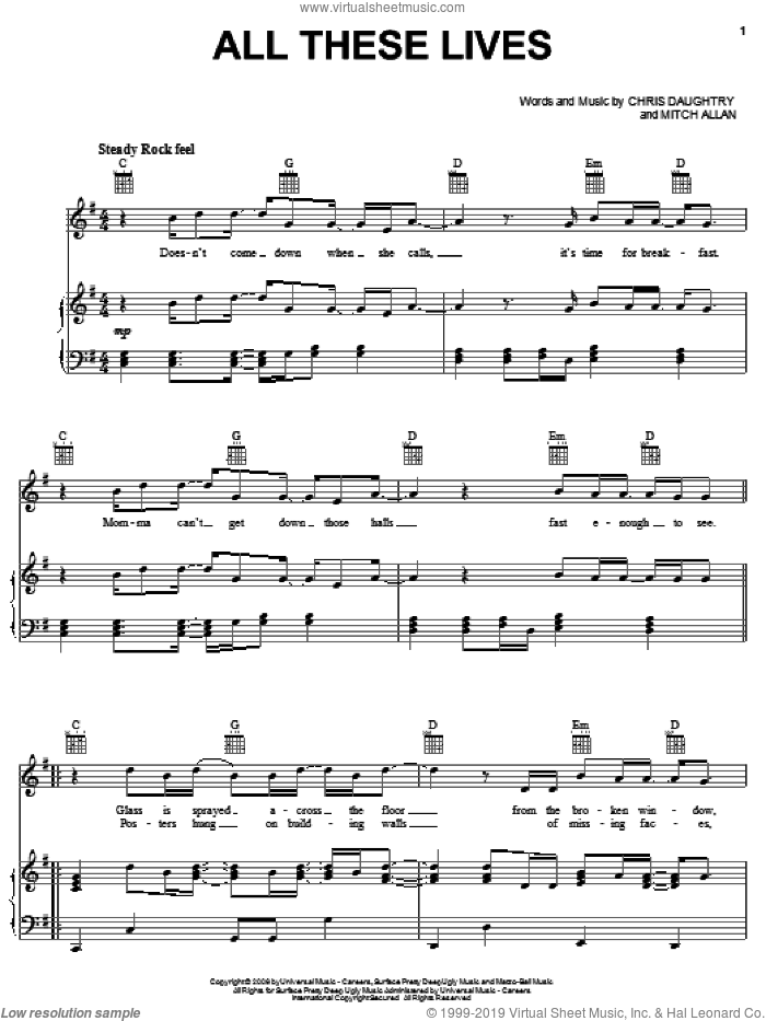 All These Lives sheet music for voice, piano or guitar by Daughtry, Chris Daughtry and Mitch Allan, intermediate skill level