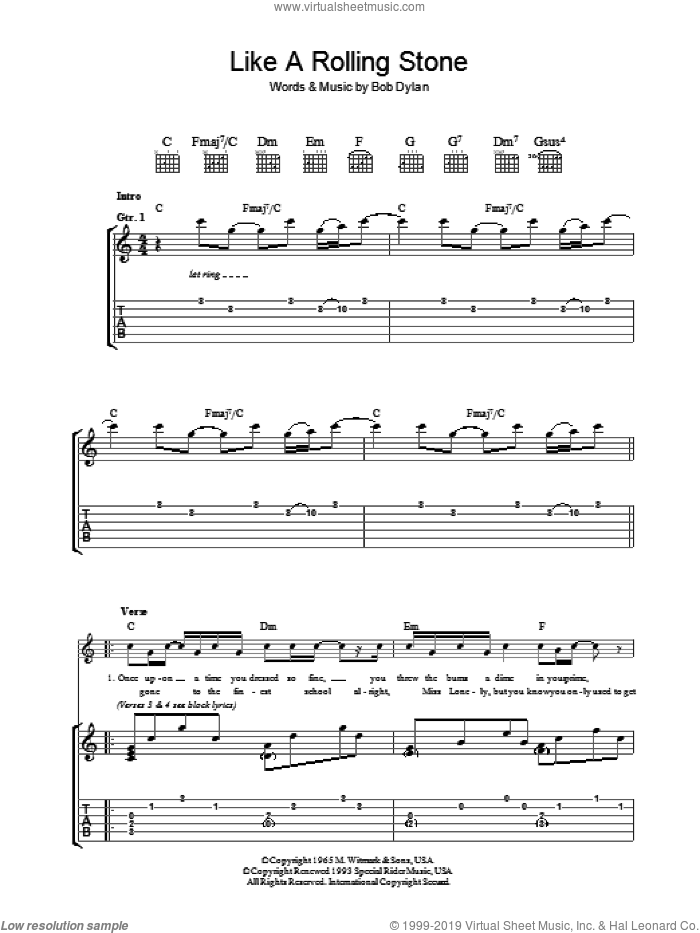 Like A Rolling Stone sheet music for guitar (tablature) by Bob Dylan, intermediate skill level