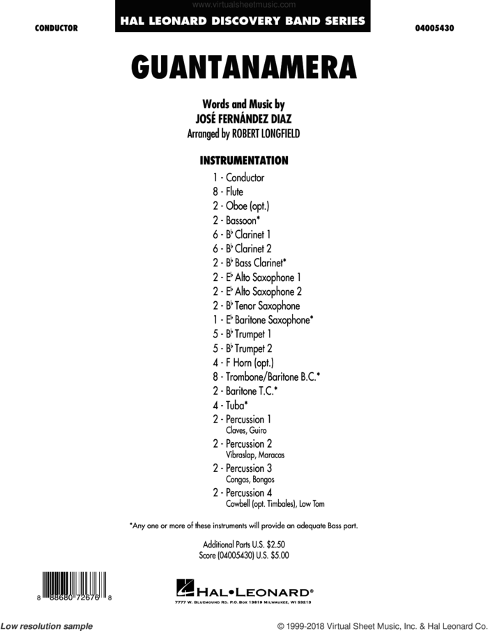 Guantanamera (COMPLETE) sheet music for concert band by Robert Longfield and Jose Fernandez Diaz and Jose Fernandez Diaz, intermediate skill level