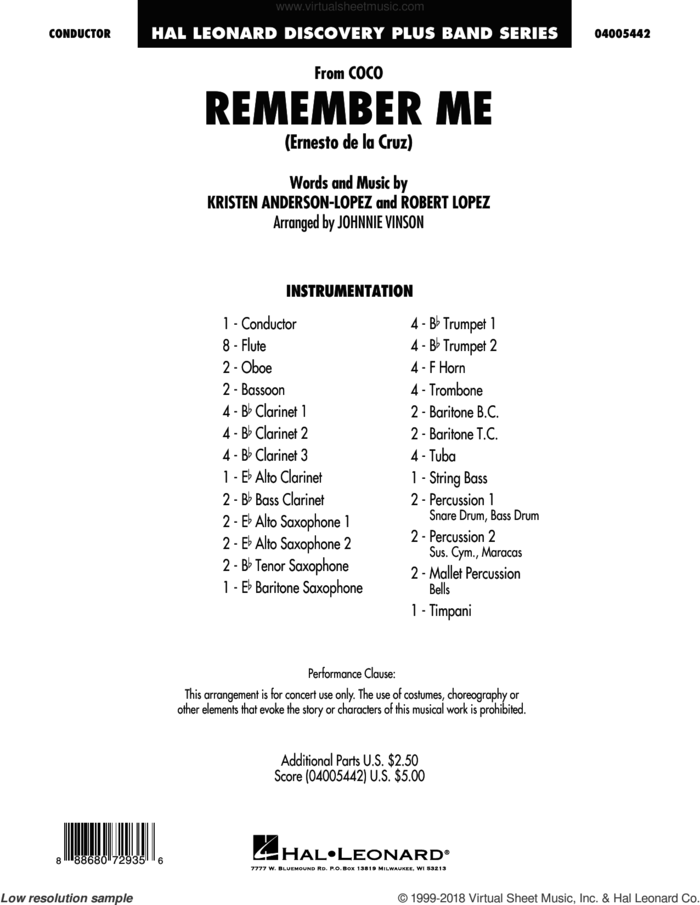 Remember Me (from Coco) (arr. Johnnie Vinson) (COMPLETE) sheet music for concert band by Robert Lopez, Johnnie Vinson, Kristen Anderson-Lopez and Kristen Anderson-Lopez & Robert Lopez, intermediate skill level
