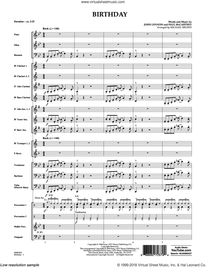 Birthday (COMPLETE) sheet music for concert band by The Beatles, John Lennon, Michael Brown and Paul McCartney, intermediate skill level