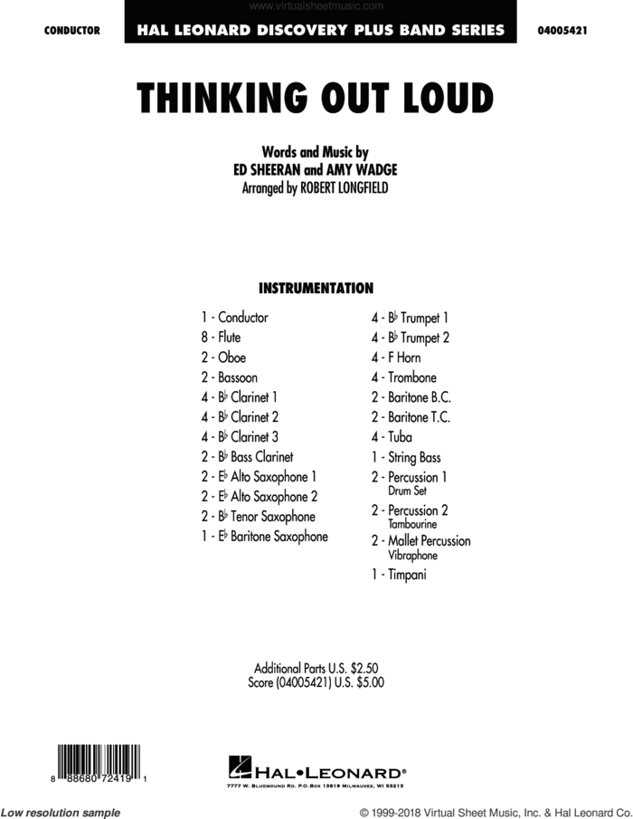 Thinking Out Loud (COMPLETE) sheet music for concert band by Ed Sheeran, Amy Wadge and Robert Longfield, wedding score, intermediate skill level