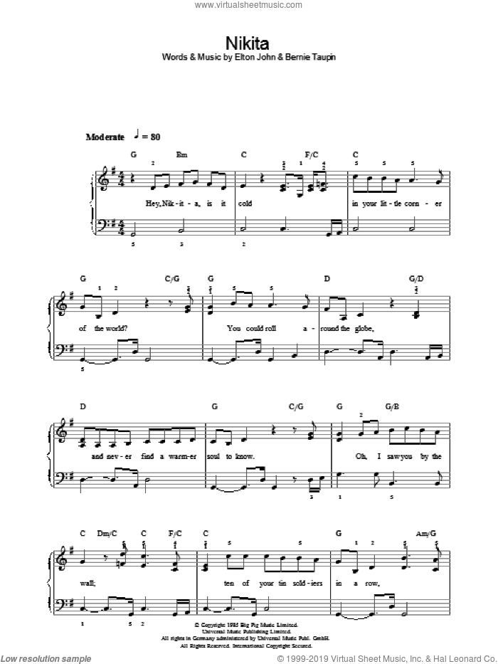 Nikita sheet music for piano solo by Elton John and Bernie Taupin, easy skill level