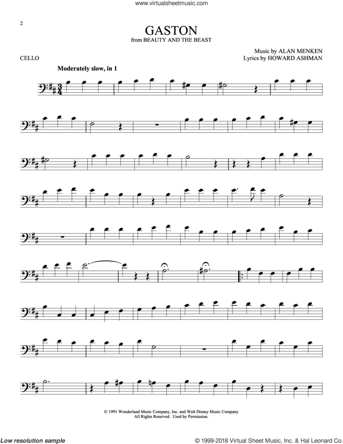 Gaston (from Beauty And The Beast) sheet music for cello solo by Alan Menken, Alan Menken & Howard Ashman and Howard Ashman, intermediate skill level