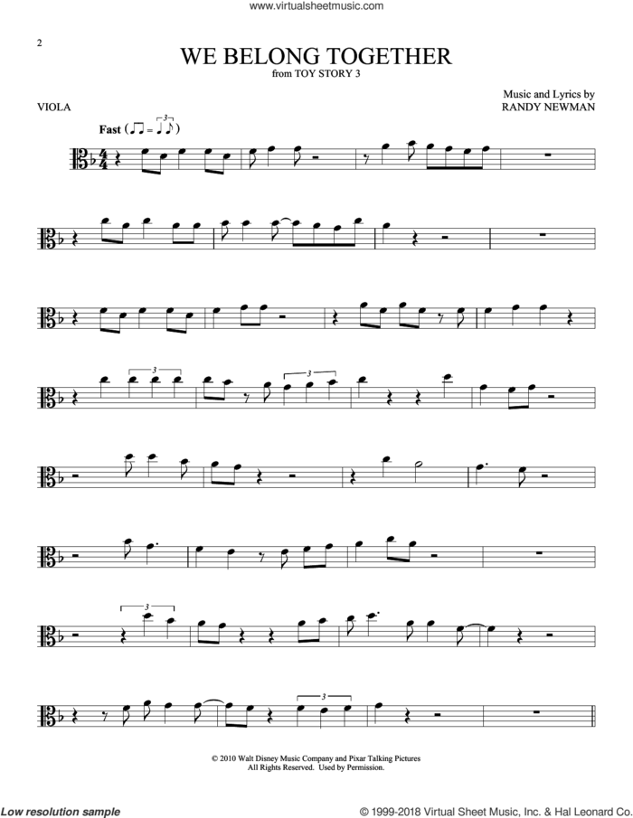 We Belong Together (from Toy Story 3) sheet music for viola solo by Randy Newman, intermediate skill level