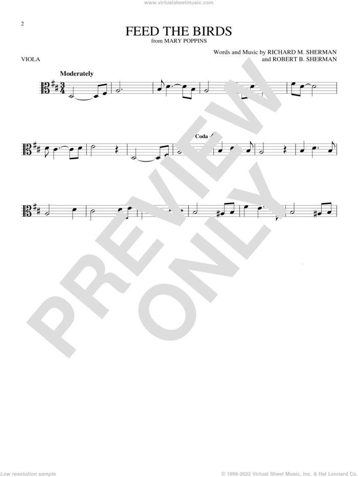 Feed The Birds (Tuppence A Bag) (from Mary Poppins) sheet music for viola solo by Sherman Brothers, Richard M. Sherman and Robert B. Sherman, intermediate skill level