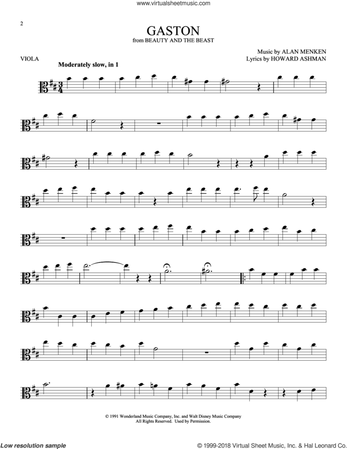 Gaston (from Beauty And The Beast) sheet music for viola solo by Alan Menken, Alan Menken & Howard Ashman and Howard Ashman, intermediate skill level