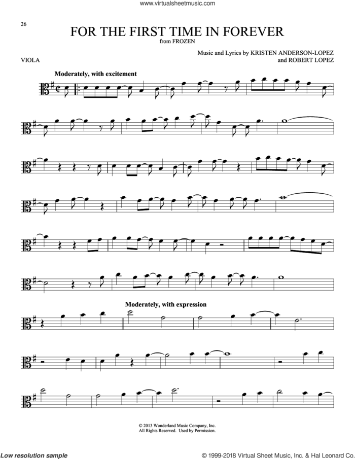 For The First Time In Forever (from Frozen) sheet music for viola solo by Kristen Bell, Idina Menzel, Kristen Anderson-Lopez and Robert Lopez, intermediate skill level