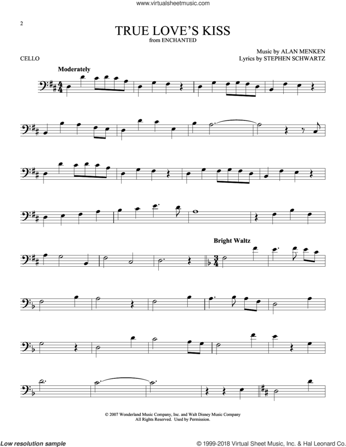 True Love's Kiss (from Enchanted) sheet music for cello solo by Amy Adams, Alan Menken and Stephen Schwartz, intermediate skill level