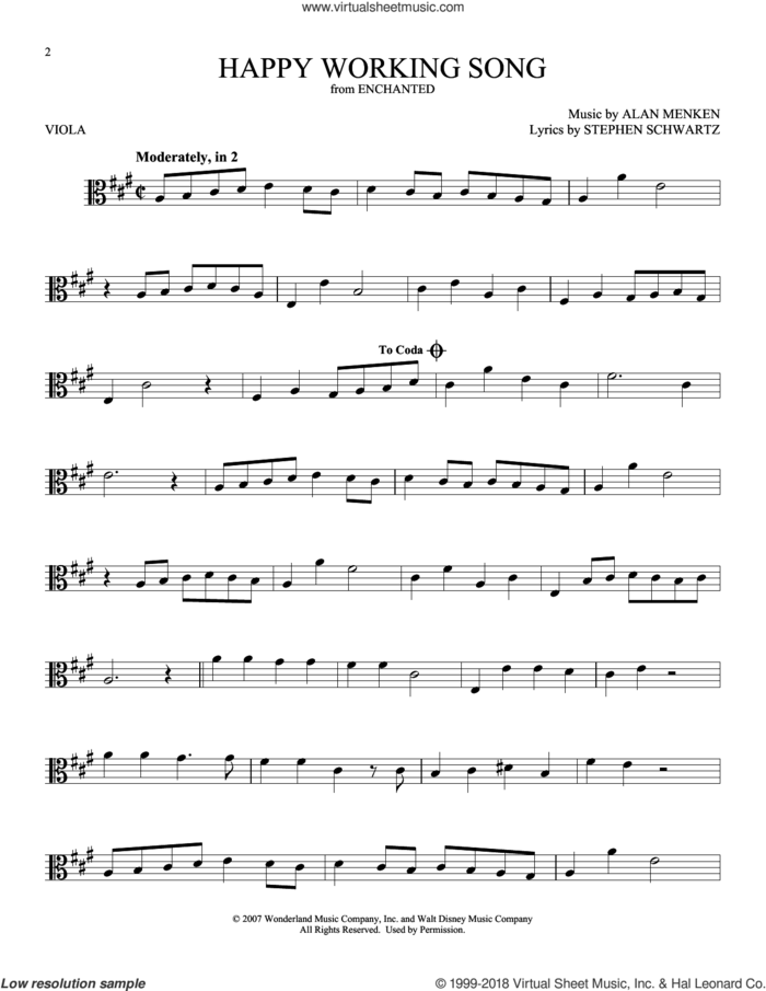 Happy Working Song (from Enchanted) sheet music for viola solo by Alan Menken and Stephen Schwartz, intermediate skill level