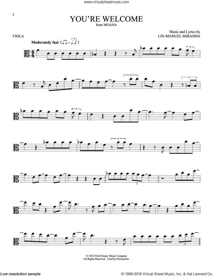 You're Welcome (from Moana) sheet music for viola solo by Lin-Manuel Miranda, intermediate skill level