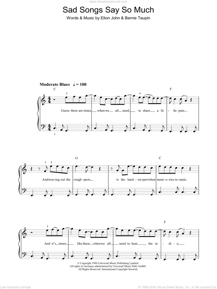 Sad Songs (Say So Much) sheet music for piano solo by Elton John and Bernie Taupin, easy skill level