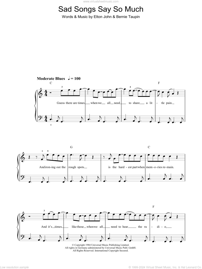 Sad Songs (Say So Much), (easy) sheet music for piano solo by Elton John and Bernie Taupin, easy skill level