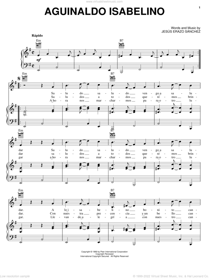 Aguinaldo Isabelino sheet music for voice, piano or guitar by Jesus Erazo Sanchez, intermediate skill level