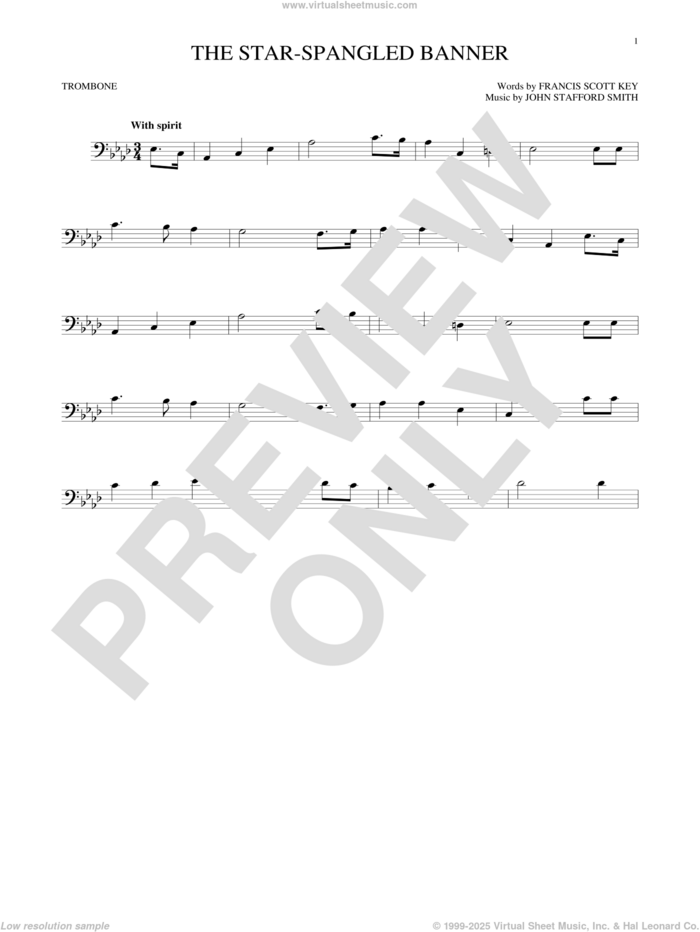 The Star-Spangled Banner sheet music for trombone solo by John Stafford Smith and Francis Scott Key, intermediate skill level