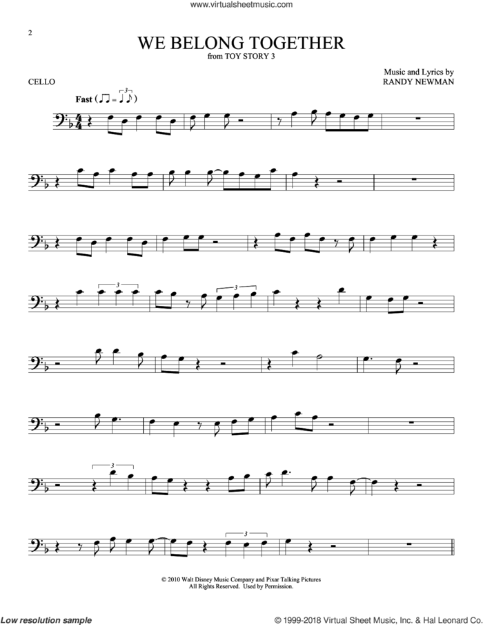 We Belong Together (from Toy Story 3) sheet music for cello solo by Randy Newman, intermediate skill level