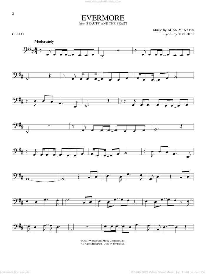 Evermore (from Beauty and the Beast) sheet music for cello solo by Josh Groban, Alan Menken and Tim Rice, intermediate skill level