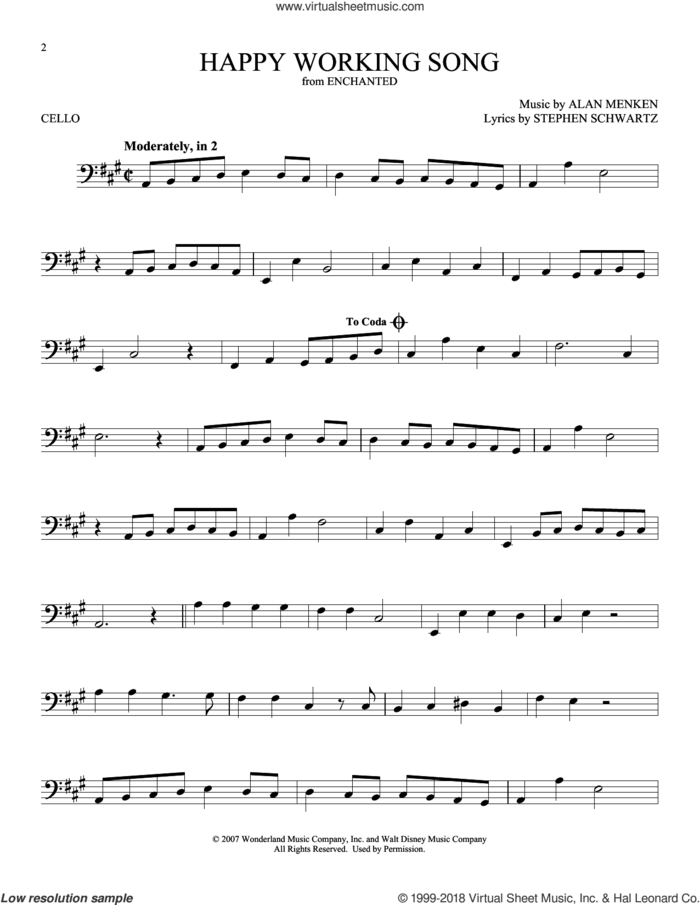 Happy Working Song sheet music for cello solo by Alan Menken and Stephen Schwartz, intermediate skill level