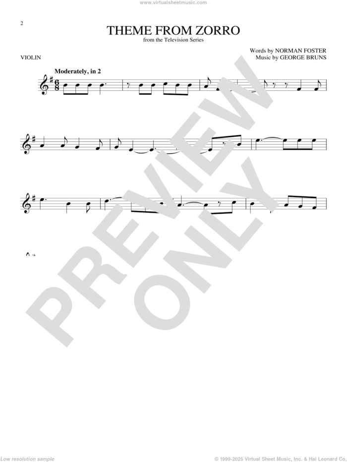 Theme From Zorro sheet music for violin solo by George Bruns and Norman Foster, intermediate skill level