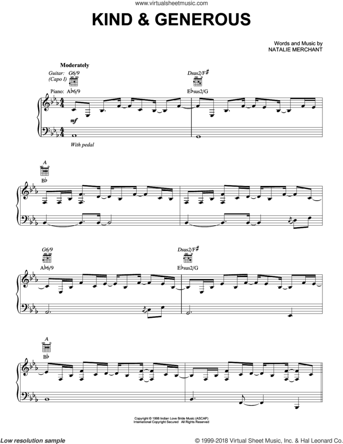 Kind and Generous sheet music for voice, piano or guitar by Natalie Merchant, intermediate skill level