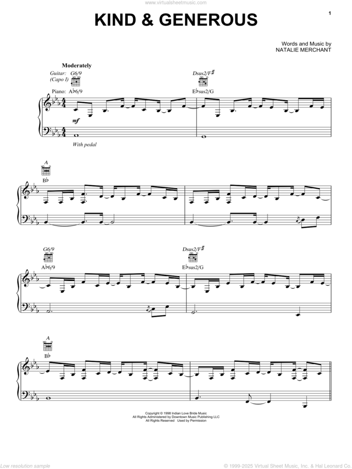 Kind and Generous sheet music for voice, piano or guitar by Natalie Merchant, intermediate skill level