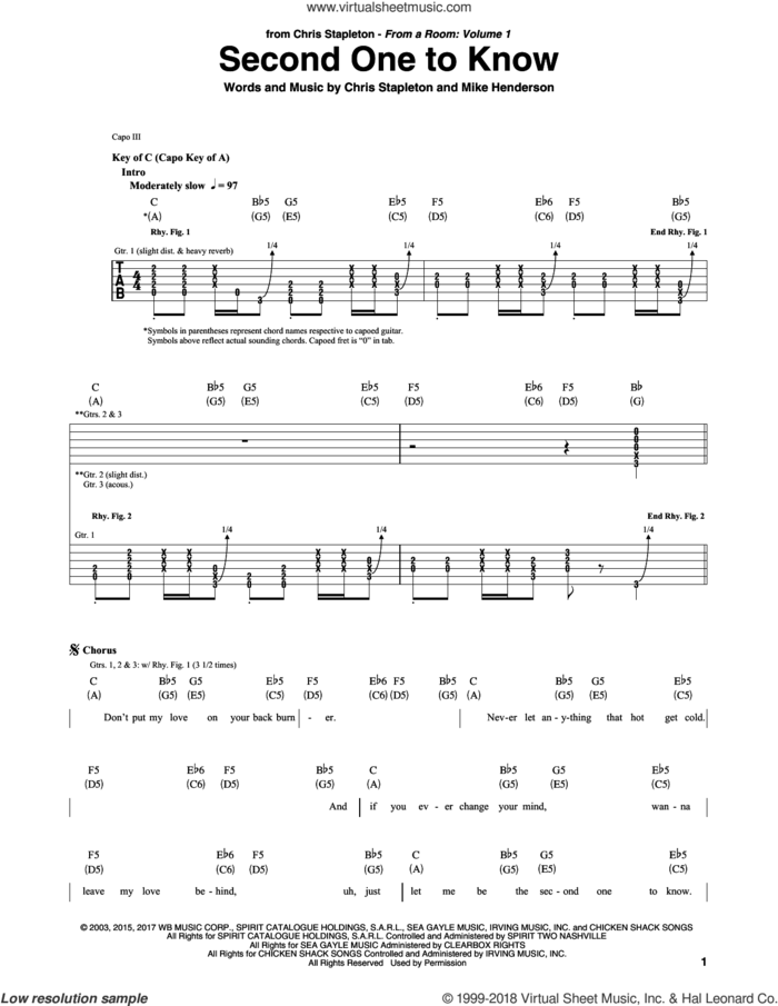 Second One To Know sheet music for guitar (rhythm tablature) by Chris Stapleton and Mike Henderson, intermediate skill level