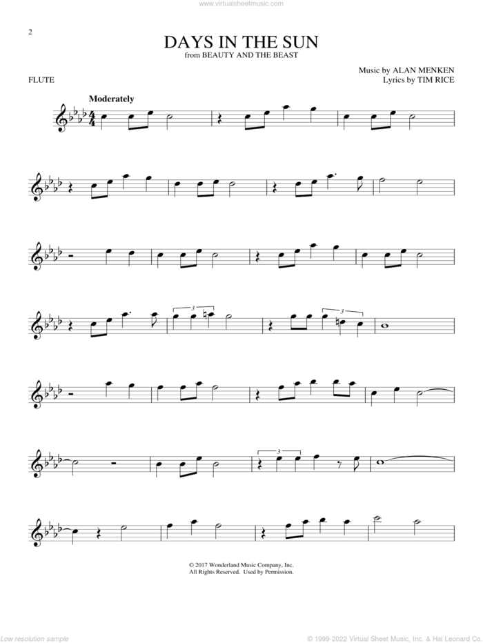 Days In The Sun (from Beauty And The Beast) sheet music for flute solo by Alan Menken & Tim Rice, Alan Menken and Tim Rice, intermediate skill level
