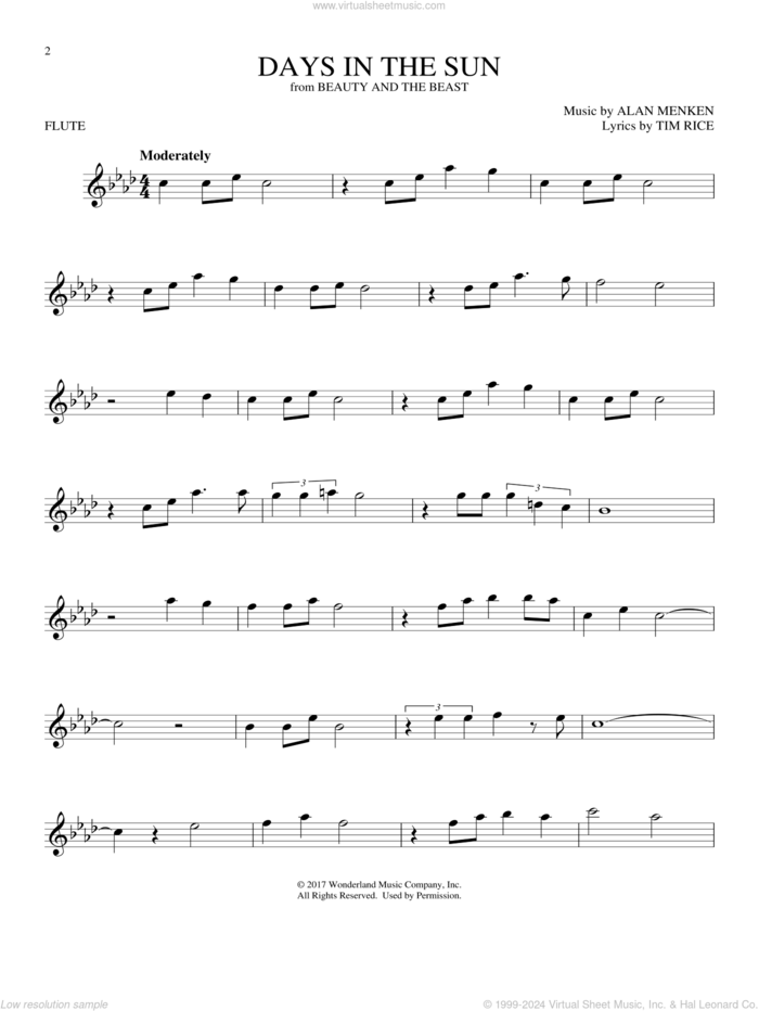 Days In The Sun (from Beauty And The Beast) sheet music for flute solo by Alan Menken & Tim Rice, Alan Menken and Tim Rice, intermediate skill level