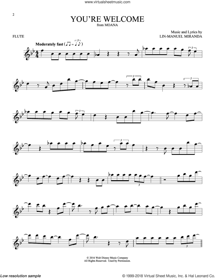 You're Welcome (from Moana) sheet music for flute solo by Lin-Manuel Miranda, intermediate skill level