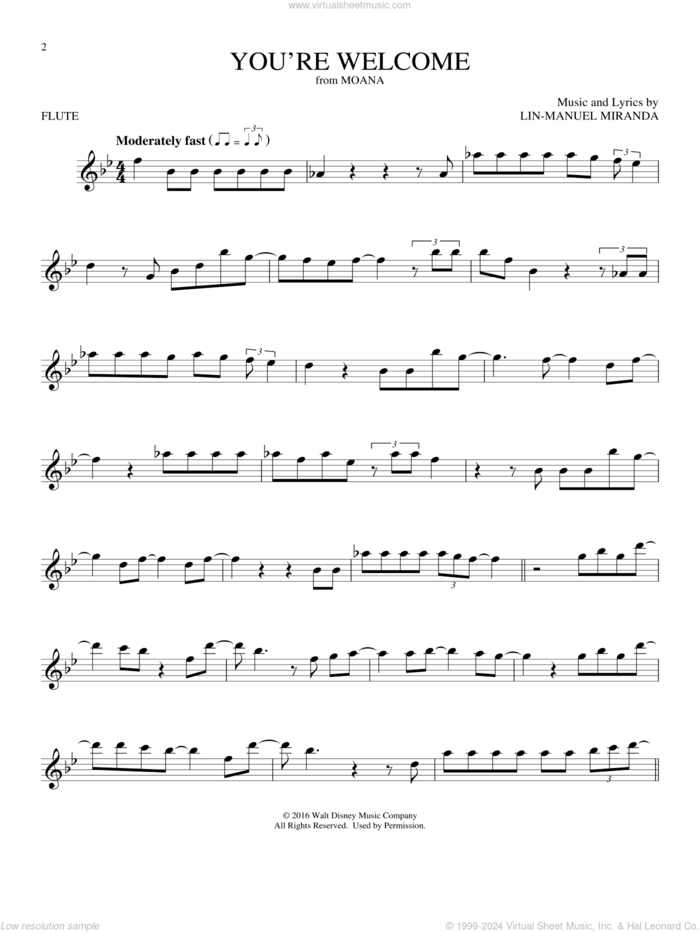 You're Welcome (from Moana) sheet music for flute solo by Lin-Manuel Miranda, intermediate skill level