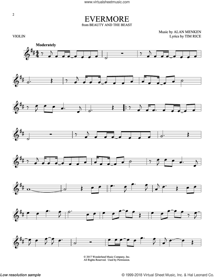 Evermore (from Beauty And The Beast) sheet music for violin solo by Josh Groban, Alan Menken and Tim Rice, intermediate skill level