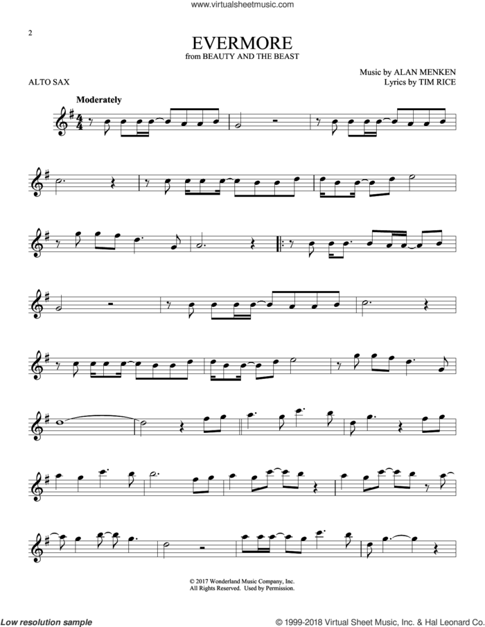 Evermore (from Beauty And The Beast) sheet music for alto saxophone solo by Josh Groban, Alan Menken and Tim Rice, intermediate skill level