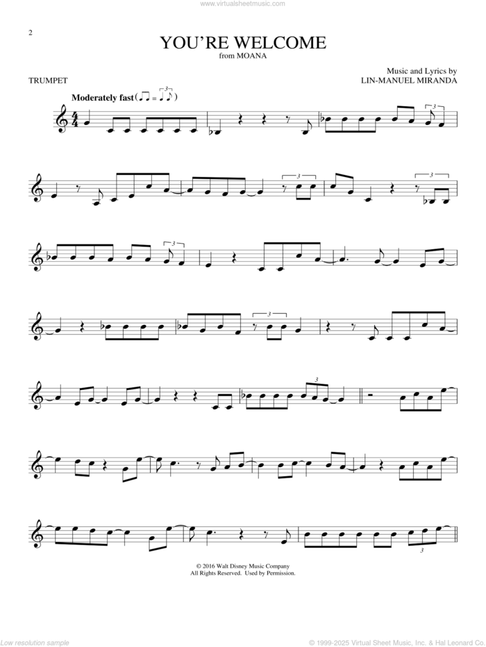 You're Welcome (from Moana) sheet music for trumpet solo by Lin-Manuel Miranda, intermediate skill level