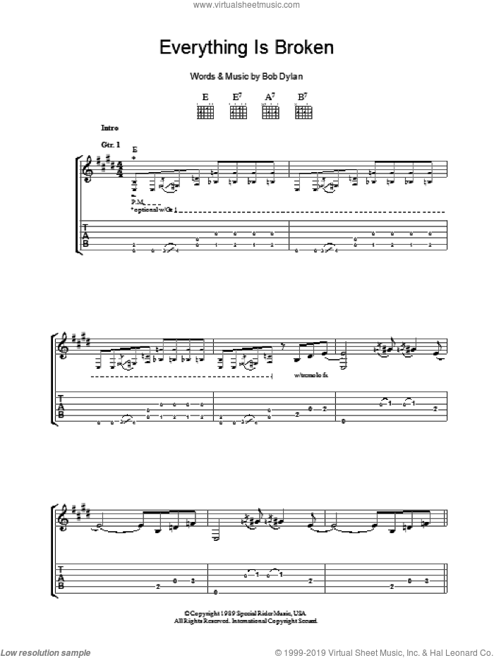 Everything Is Broken sheet music for guitar (tablature) by Bob Dylan, intermediate skill level