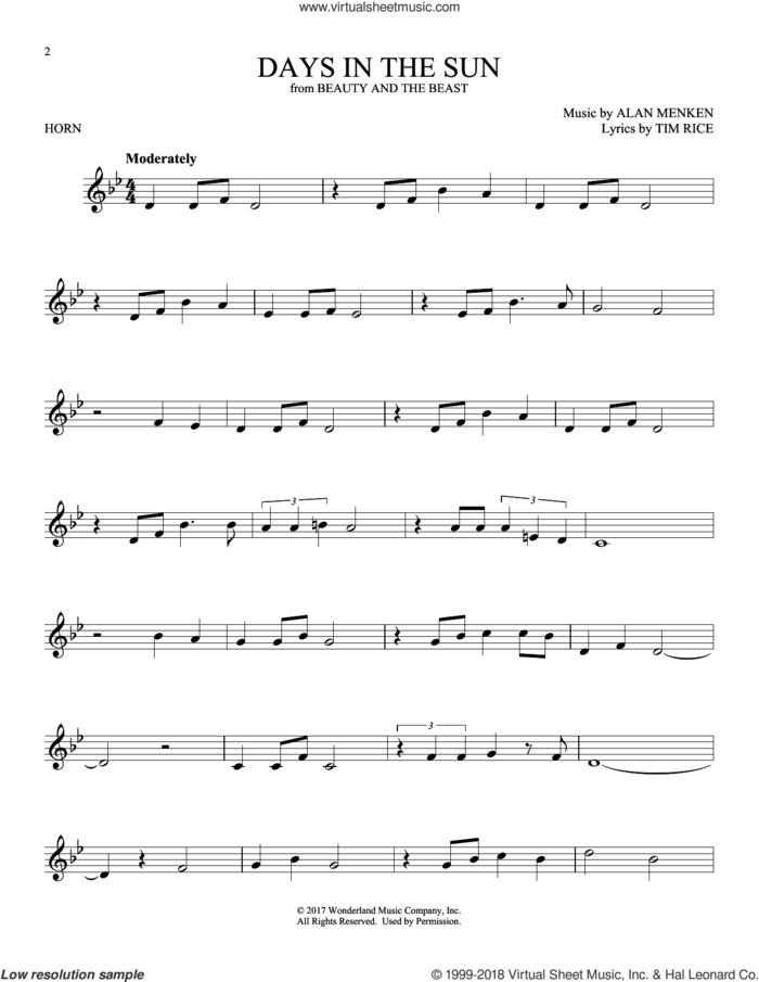 Days In The Sun (from Beauty And The Beast) sheet music for horn solo by Alan Menken & Tim Rice, Alan Menken and Tim Rice, intermediate skill level