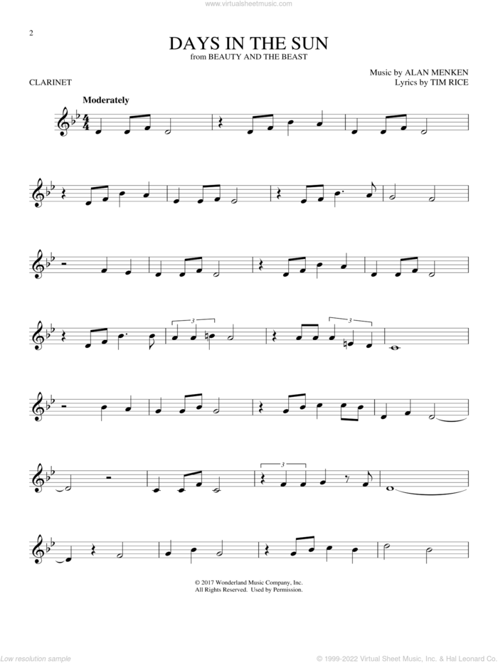 Days In The Sun (from Beauty And The Beast) sheet music for clarinet solo by Alan Menken & Tim Rice, Alan Menken and Tim Rice, intermediate skill level
