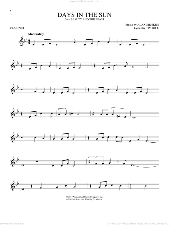 Days In The Sun (from Beauty And The Beast) sheet music for clarinet solo by Alan Menken & Tim Rice, Alan Menken and Tim Rice, intermediate skill level