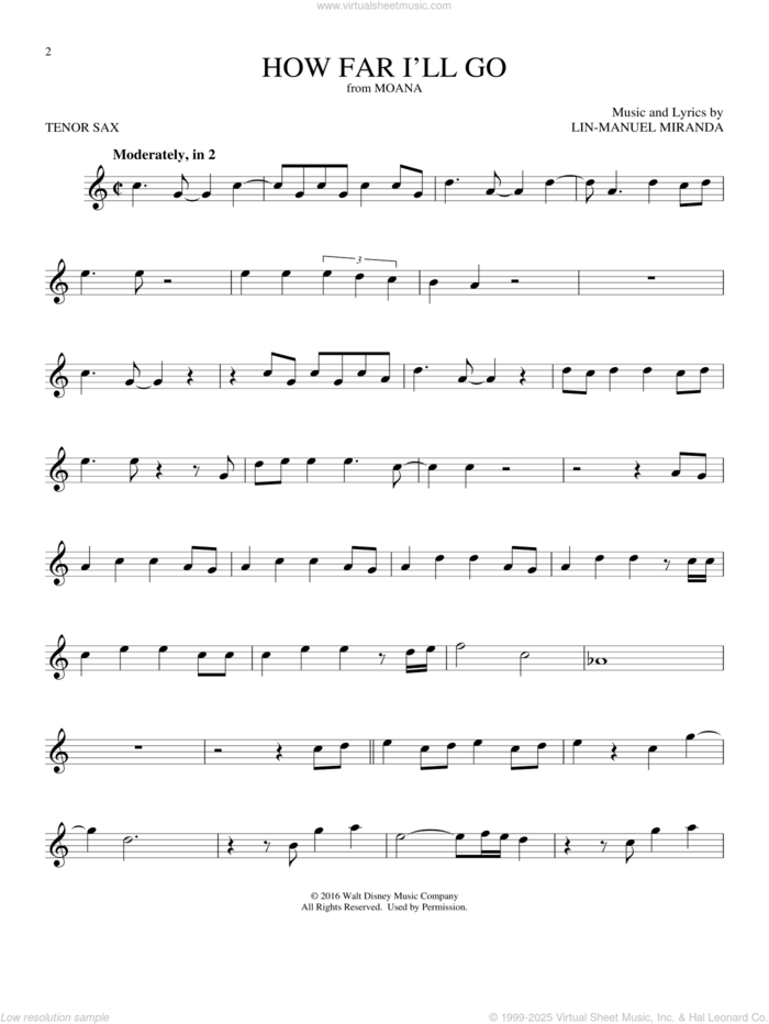 How Far I'll Go (from Moana) sheet music for tenor saxophone solo by Lin-Manuel Miranda and Alessia Cara, intermediate skill level