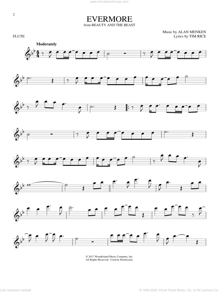 Evermore (from Beauty And The Beast) sheet music for flute solo by Josh Groban, Alan Menken and Tim Rice, intermediate skill level